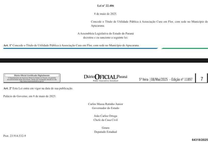 Concede o Título de Utilidade Pública Estadual à Associação Cura em Flor, com sede no Município de Apucarana.